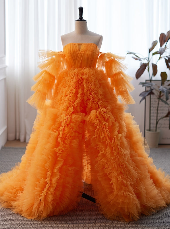 Orange Tulle  Strapless Pleats Prom Dress