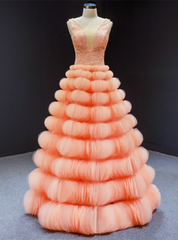 Orange Tulle Tiers V-neck Backless Beading Prom Dress