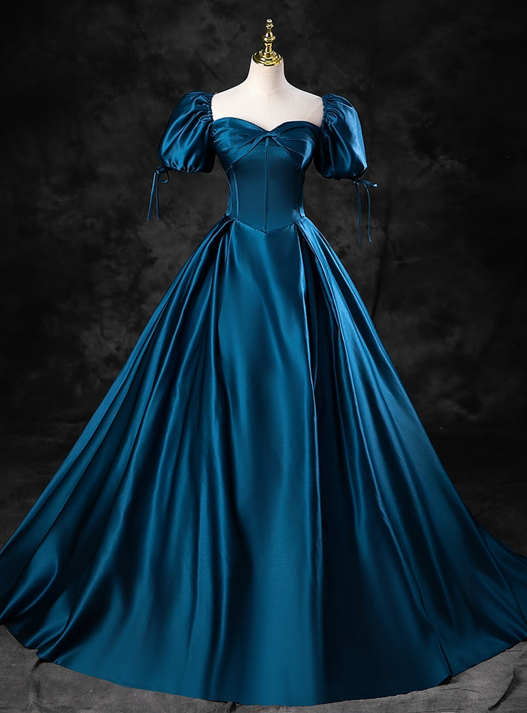 Peacock Blue Satin Sweetheart Puff Sleeve Quinceanera Dress