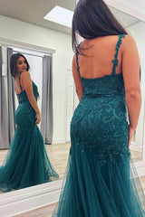 Peacock Mermaid V-Neck Appliques Tulle Long Prom Dress