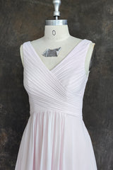 Pink A-Line Pleated V Neck Long Chiffon Bridesmaid Dresses