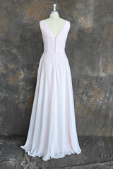 Pink A-Line Pleated V Neck Long Chiffon Bridesmaid Dresses