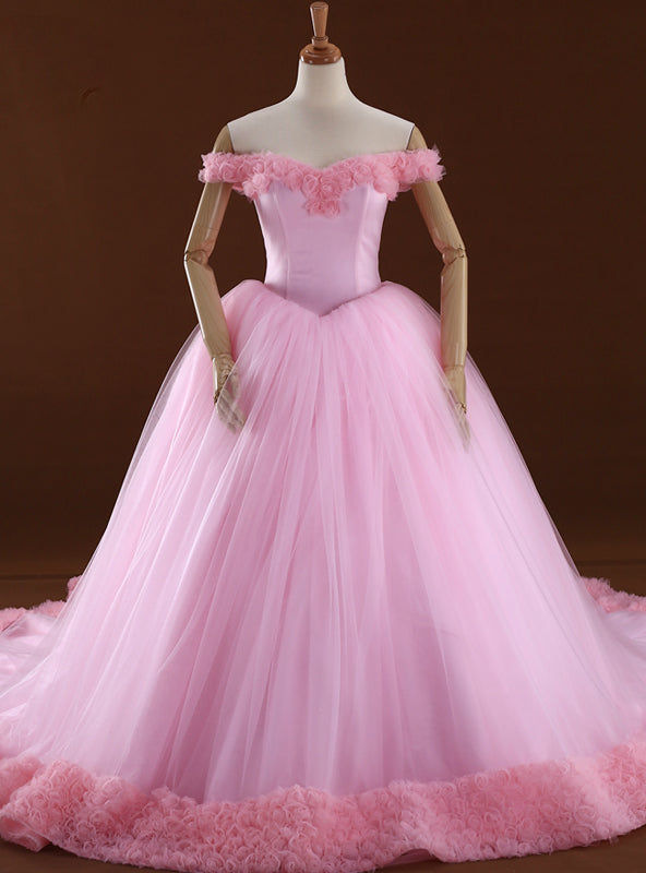 Pink Ball Gown Off The Shoulder Backless Tulle Wedding Dress