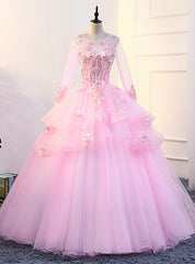 Pink Ball Gown Tulle Appliques Long Sleeve Quinceanera Dresses