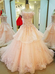 Pink Ball Gown Tulle Off The Shoulder Appliques Wedding Dress