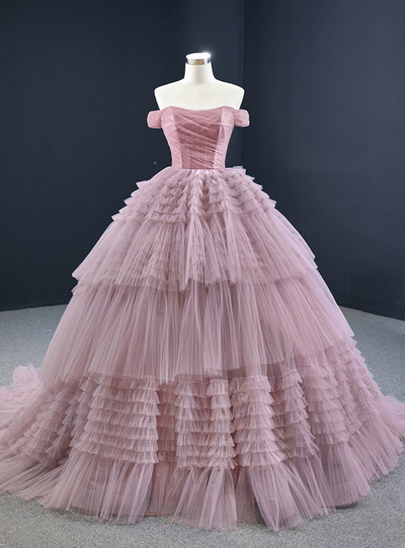 Pink Ball Gown Tulle Off the Shoulder Pleats Prom Dress