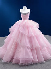 Pink Ball Gown Tulle Pleats Beading Ctystal Prom Dress