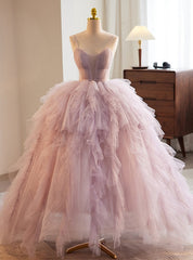 Pink Ball Gown Tulle Spaghetti Straps Prom Dress