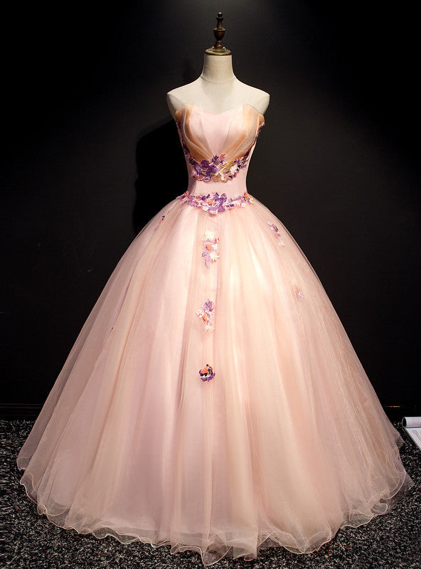 Pink Ball Gown Tulle Strapless Appliques Quinceanera Dress