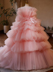 Pink Ball Gown Tulle Strapless Tiers Quinceanera Dress