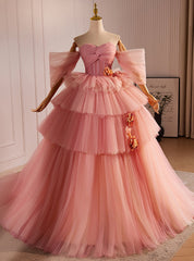 Pink Ball Gown Tulle Sweetheart Tiers Pleats Prom Dress