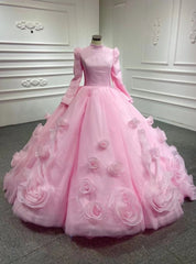 Pink Long Sleeve High Neck Prom Dress