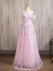 Pink Off the Shoulder Tulle Sequins Flower Prom Dress