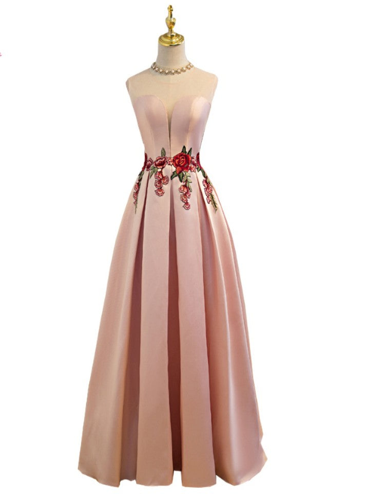 Pink Satin Lace Up Floor-length Bridesmaid Dress