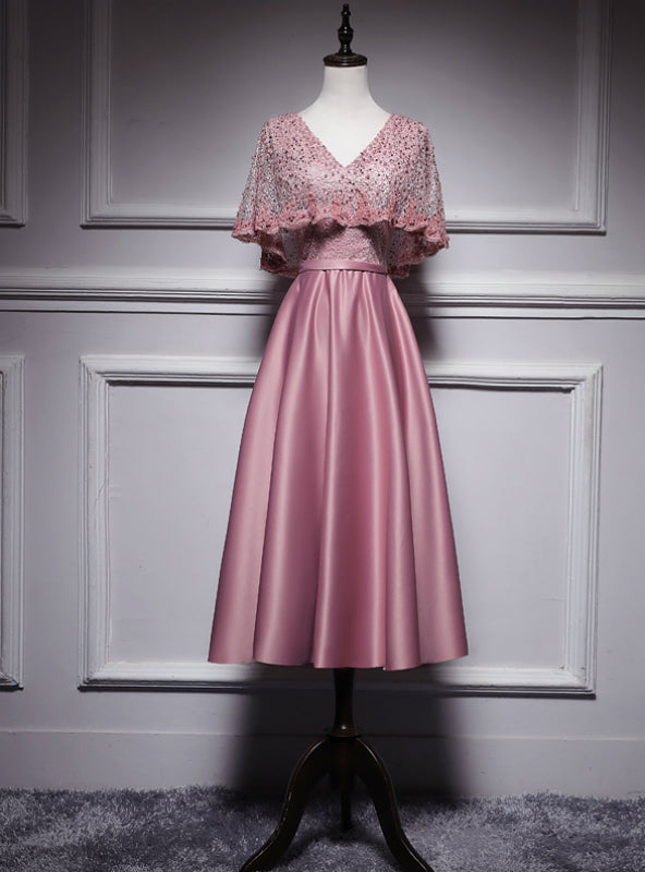 Pink Satin Lace V-neck Bat Pearls Tea Length Prom Dress