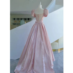 Pink Satin Long Short Sleeves Prom Dress Party Dress, Pink Formal Dress Wedding Party Dress