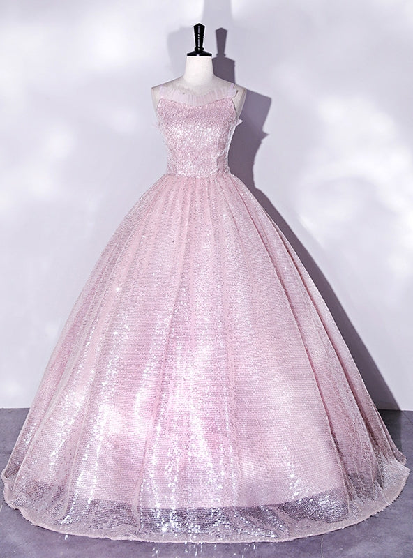 Pink Sequins Spaghetti Straps Quinceanera Dress