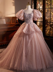 Pink Tulle Beading Puff Sleeve Quinceanera Dress