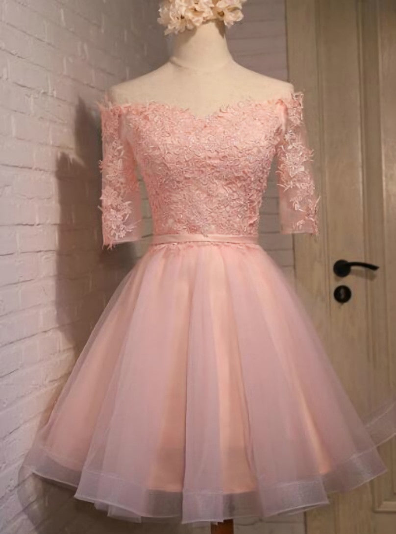 Pink Tulle Lace Off The Shoulder Homecoming Dress