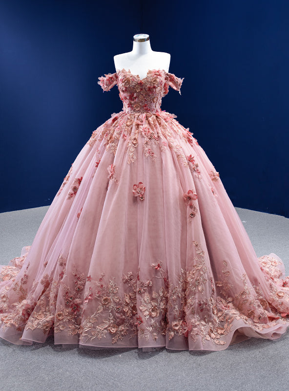 Pink Tulle Off the Shoulder 3D Appliques Prom Dress