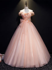 Pink Tulle Off the Shoulder Appliques Pleats Quinceanera Dress