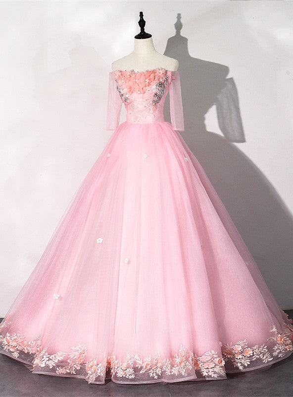 Pink Tulle Off the Shoulder Appliques Quinceanera Dress