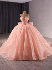 Pink Tulle Off the Shoulder Beading Bow Prom Dress