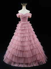 Pink Tulle Off the Shoulder Tiers Prom Dress