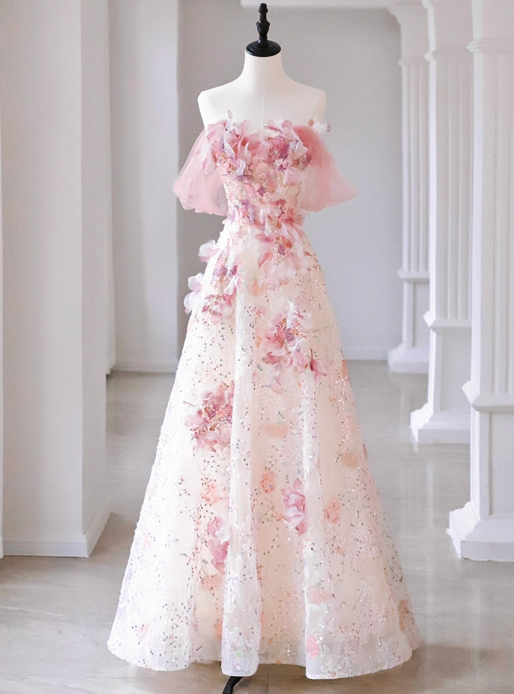 Pink Tulle Sequins 3D Flower Prom Dress