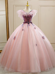 Pink Tulle Sequins Appliques Quinceanera Dresses