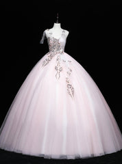 Pink Tulle Sequins Beading Ball Gown Quinceanera Dress