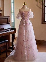 Pink Tulle Sequins Flower Prom Dress