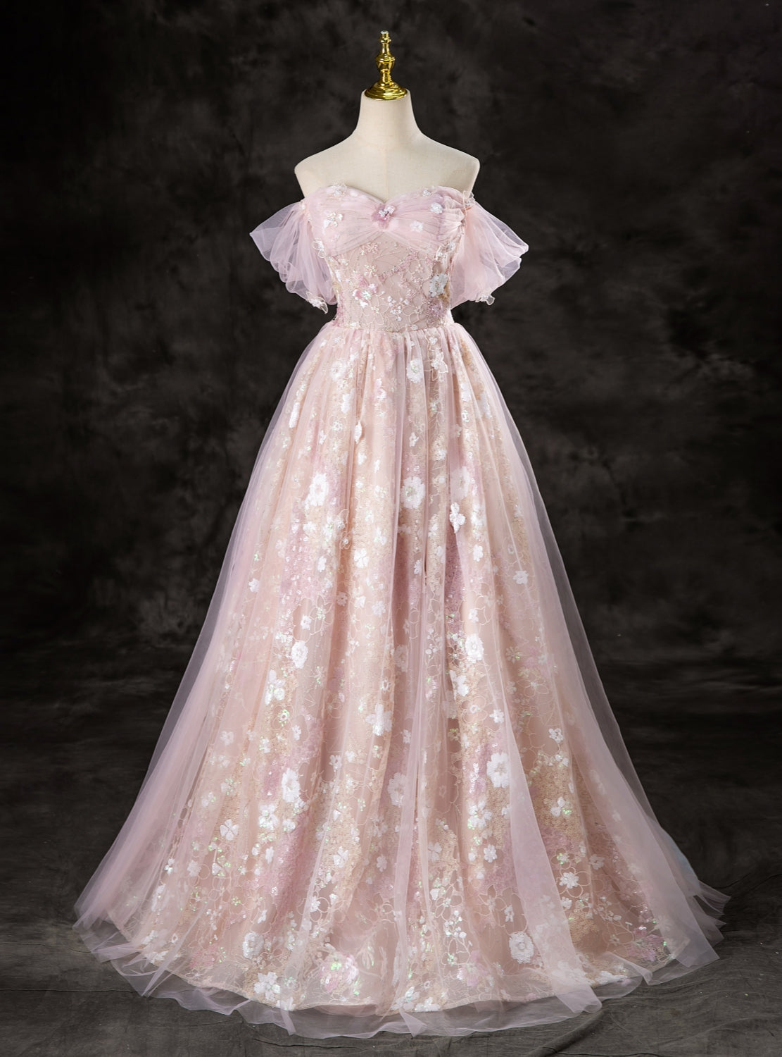 Pink Tulle Sequins Lace Off the Shoulder Prom Dress