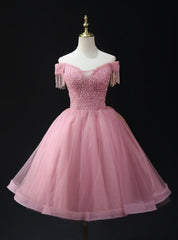 Pink Tulle Sequins Off the Shoulder Beading Homecoming Dress