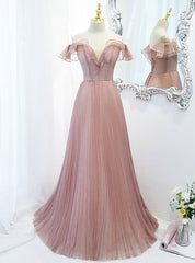 Pink Tulle Sequins Off the Shoulder Pleated Prom Dress