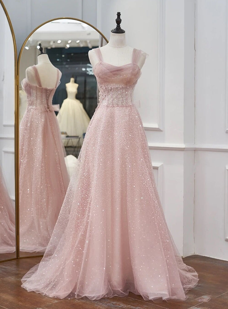 Pink Tulle Sequins Straps Beading Prom Dress