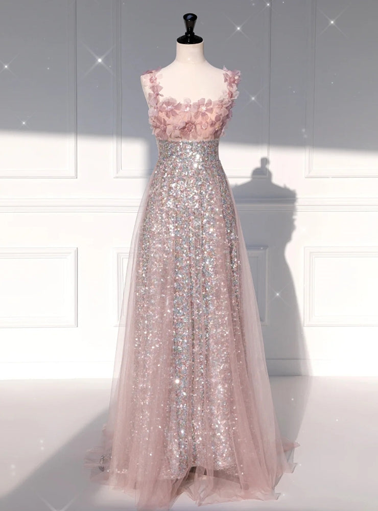 Pink Tulle Sequins Straps Flower Prom Dress