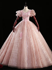 Pink Tulle Sequins V-neck Puff Sleeve Quinceanera Dress