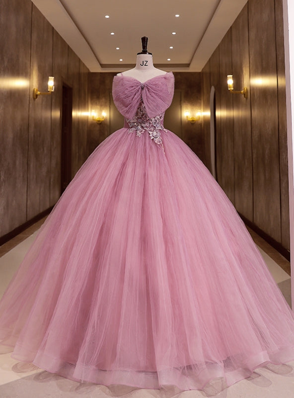 Pink Tulle Spagehtti Straps Pleats Appliques Quinceanera Dress