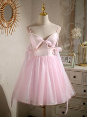 Pink Tulle Spaghetti Straps Pearls Homecoming Dress