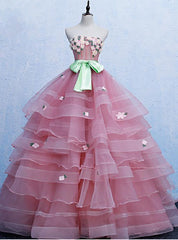 Pink Tulle Strapless Appliques Quinceanera Dress