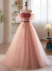 Pink Tulle Strapless Beading Sequins Prom Dress