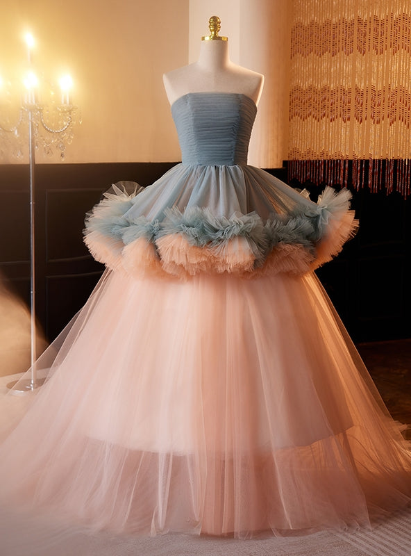 Pink Tulle Strapless Pleats Quinceanera Dress