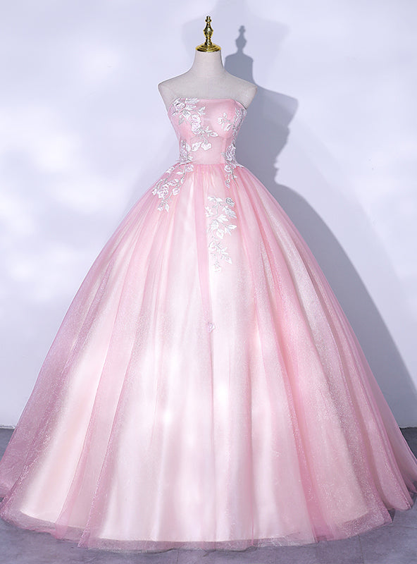 Pink Tulle Strapless White Appliques Quinceanera Dress