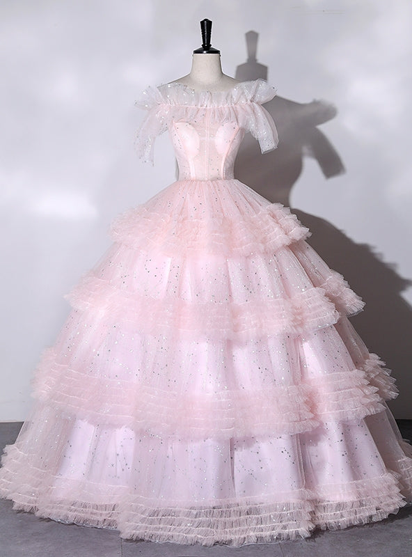 Pink Tulle Tiers Off the Shoulder Quinceanera Dress