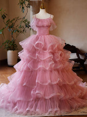 Pink Tulle Tiers Spaghetti Straps Princess Dress