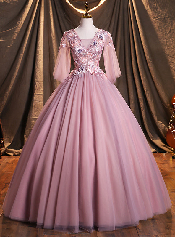 Pink Tulle V-neck Appliques Short Sleeve Quinceanera Dresses