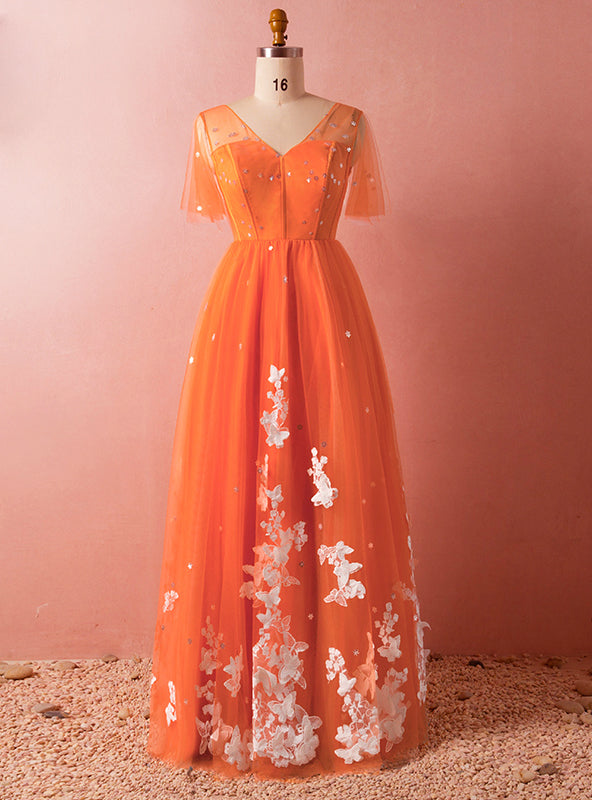 Plus Size Orange V-neck Tulle Short Sleeve Backless Prom Dress