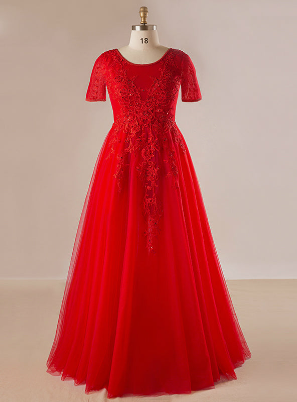 Plus Size Red Tulle Appliques Beading Short Sleeve Prom Dress