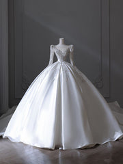 Princess Ball Gown Scoop Neckline Long Sleeves Pleats Beads White Satin Wedding Dresses